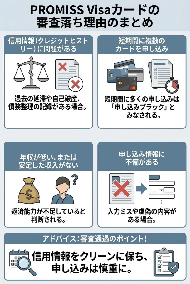 信用情報に傷がある場合、審査通過は非常に難しくなります。過去5年から10年以内に、クレジットカードやローンの延滞、債務整理、自己破産などの記録があると、信用情報機関に事故情報として登録されています。この事故情報があると、プロミスVisaカードだけでなく、ほとんどのクレジットカードやローンの審査に通過できません。
事故情報は一定期間が経過すると削除されますが、その期間は情報の種類によって異なります。延滞の記録は完済から5年、自己破産は10年間記録が残ります。事故情報がある方は、記録が削除されるまで待つ必要があります。
短期間に複数のクレジットカードやローンに申し込むと、審査に悪影響を及ぼします。これは「申し込みブラック」と呼ばれる状態で、お金に困っていると判断されてしまうためです。一般的に、1か月に3件以上の申し込みは避けた方が良いとされています。
もし他社のカードの審査に落ちた経験がある場合は、少なくとも6か月程度の期間を空けてからプロミスVisaカードに申し込むことをおすすめします。申し込み情報は6か月間記録されるため、この期間を空けることで申し込みブラックのリスクを回避できます。
すでに複数の消費者金融やカードローンから借り入れがある場合、総量規制に抵触する可能性があります。貸金業法では、年収の3分の1を超える借り入れはできないと定められているため、すでに年収の3分の1に近い借り入れがある方は審査に通りません。
また、借入件数が多い場合も審査では不利になります。借入額が少なくても、3社以上から借り入れがあると多重債務者と判断され、審査に通過しにくくなります。プロミスVisaカードに申し込む前に、可能な限り他社の借り入れを完済しておくことをおすすめします。
申込時に記入する情報に誤りや虚偽があると、審査に落ちる原因となります。特に年収や勤務先情報を実際よりも良く見せようとして虚偽の申告をすると、在籍確認や収入証明書の提出で矛盾が発覚し、審査に通過できなくなります。
また、単純な入力ミスであっても、情報の整合性が取れないと判断されれば審査に悪影響を及ぼします。申し込みの際は、入力内容を十分に確認し、正確な情報を提供することが重要です。
無職や収入がない状態では、プロミスVisaカードの審査に通過することはできません。安定した収入があることが申込条件となっているため、現在無職の方は就職してから申し込むか、アルバイトなどで収入を得てから申し込む必要があります。
専業主婦の方についても、本人に収入がない場合は審査通過が難しくなります。ただし、配偶者に安定した収入がある場合は、配偶者の収入を考慮した審査が行われることもあります。