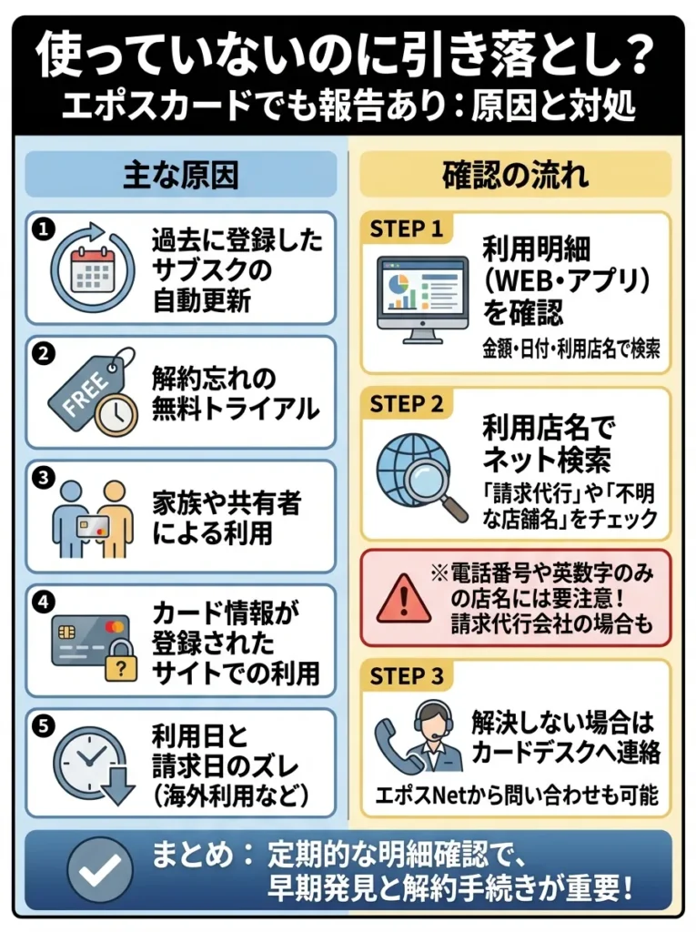 使っていないのに引き落としがある事例が報告されている