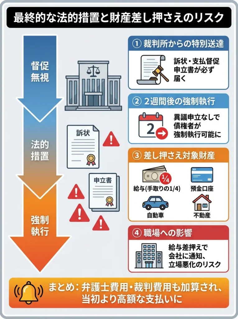 最終的な法的措置と財産差し押さえのリスク