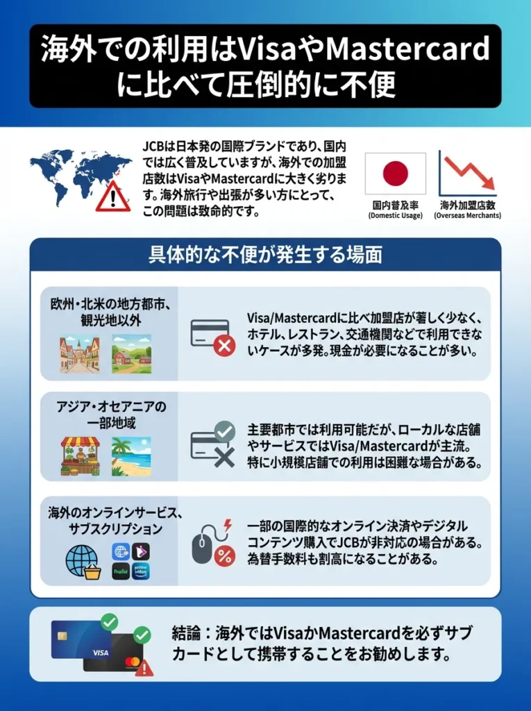 海外での利用はVisaやMastercardに比べて圧倒的に不便