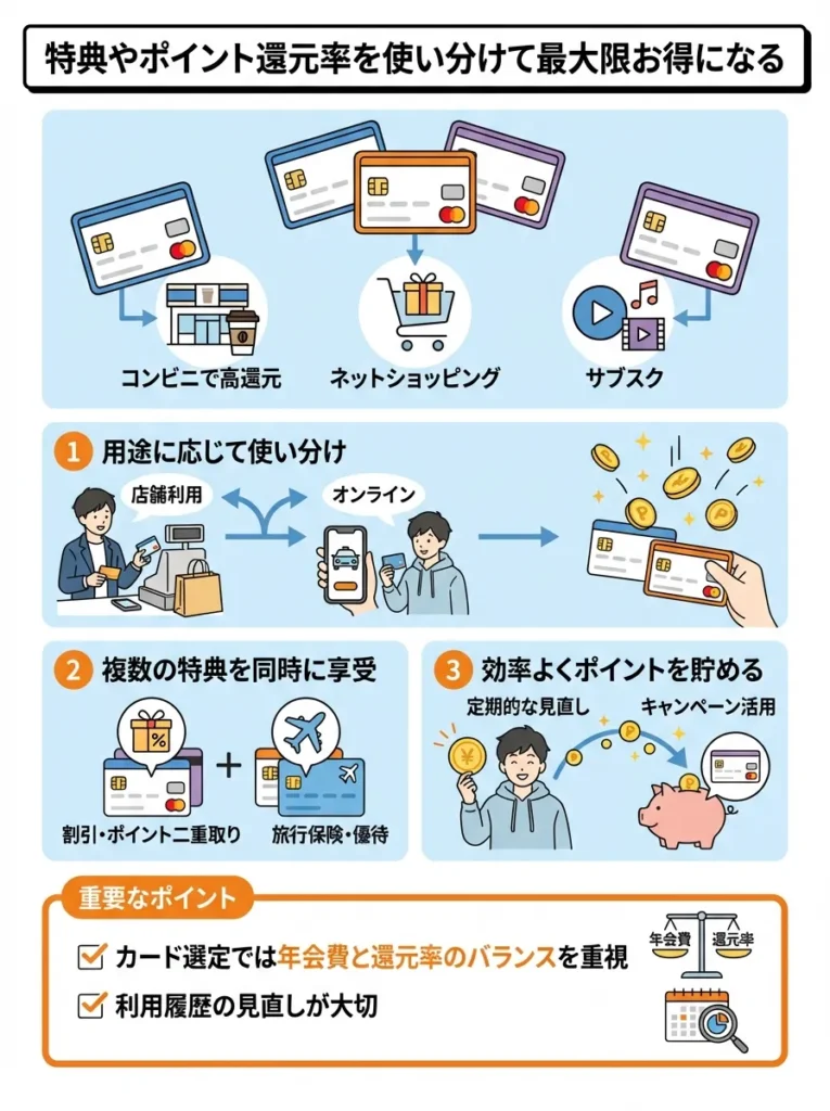 特典やポイント還元率を使い分けて最大限お得になる