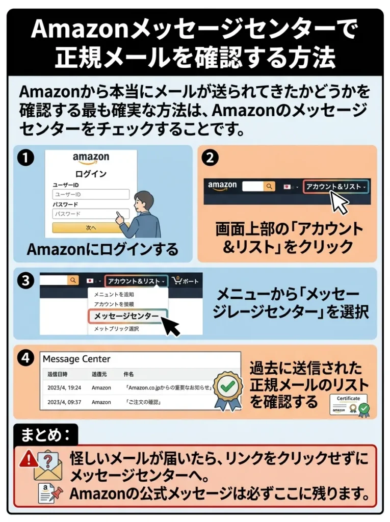 Amazonメッセージセンターで正規メールを確認する方法