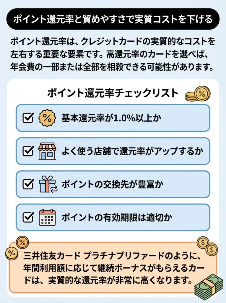 ポイント還元率と貯めやすさで実質コストを下げる