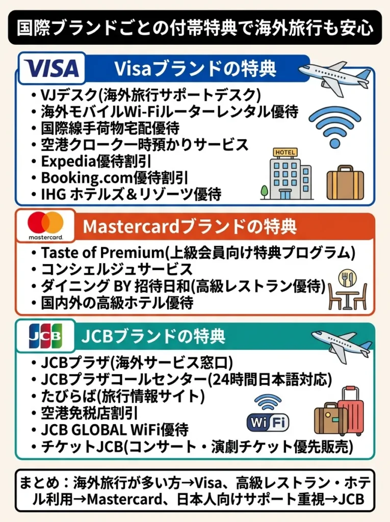 国際ブランドごとの付帯特典で海外旅行も安心