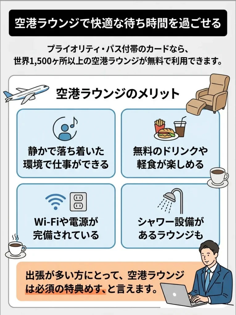 空港ラウンジで快適な待ち時間を過ごせる