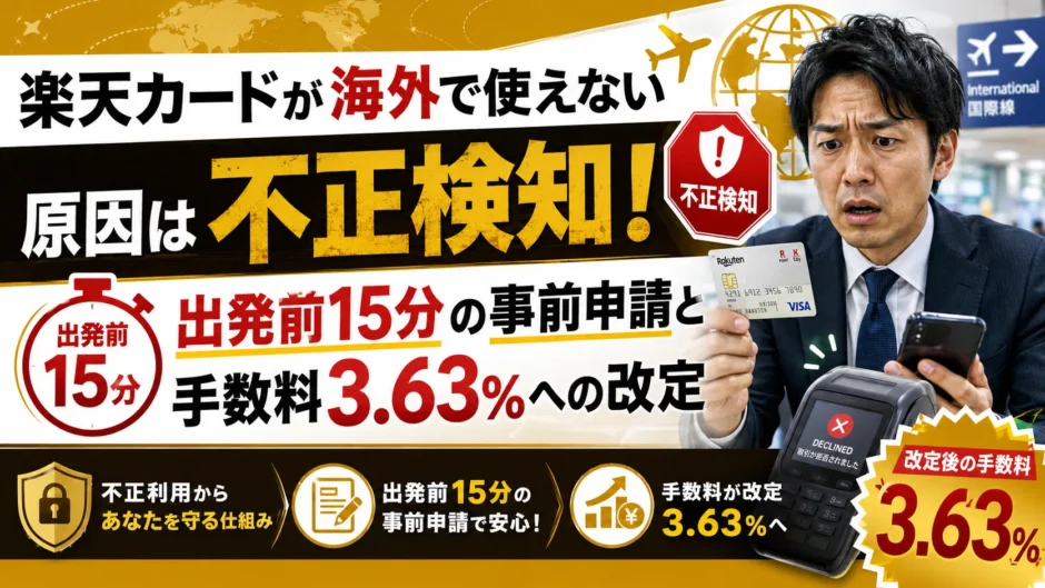 楽天カードが海外で使えない原因は不正検知！出発前15分の事前申請と手数料3.63%への改定
